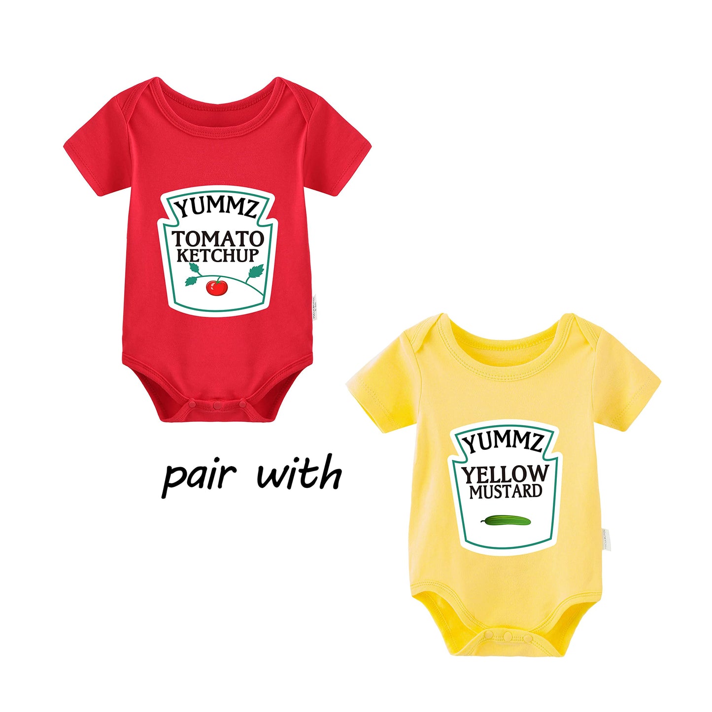 Ysculbutol Baby Bodysuit Ketchup Mustard Funny Baby Twins Outfits Baby Girl Twins Set(Shortkm S6M)