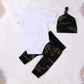 Cute 3Pcs Newborn Baby Boys Letter Print Romper+Camouflage Pants+Hat Outfits Set (0-3Months, Camouflage&Little Brother)