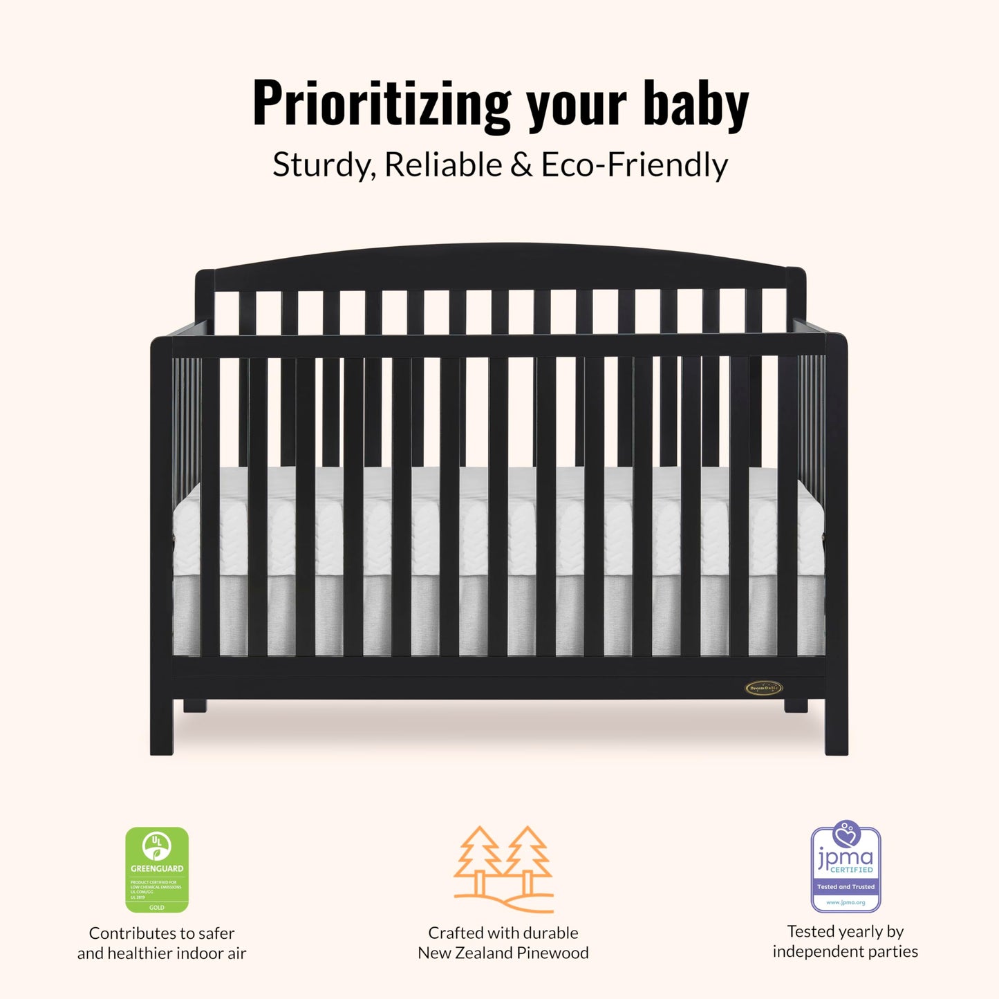 Dream On Me Jpma & Greenguard Gold Certified Odelle 5 In 1 Convertible Crib In Matte Black, Built Of Sustainable Pinewood, 3 Mat