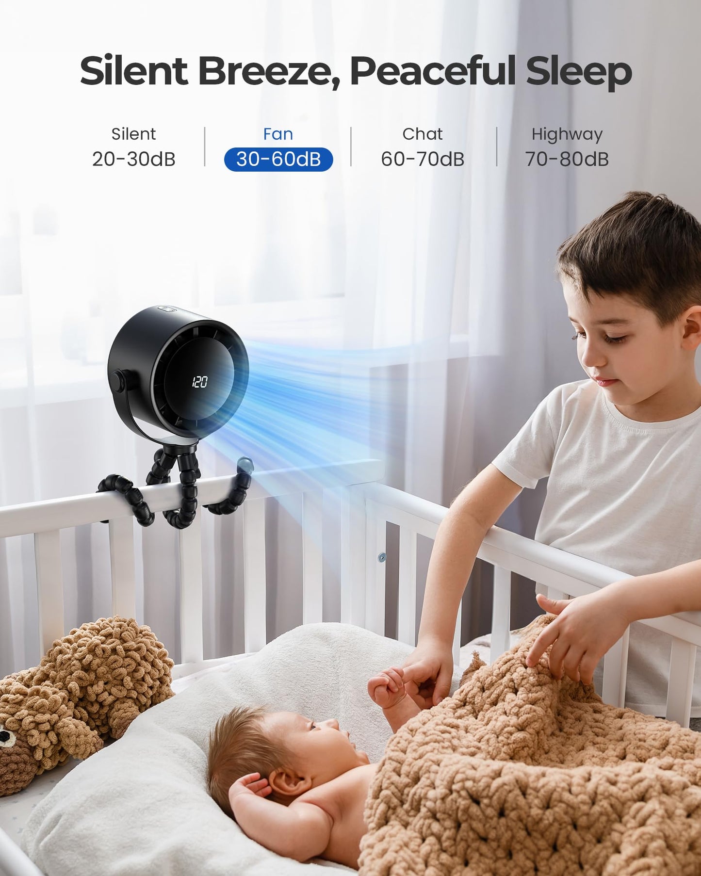 Koonie Portable Stroller Fan, Rechargeable Battery Operated, 5 Speeds With High-Speed Cooling, 17H Runtime, Digital Display, 360