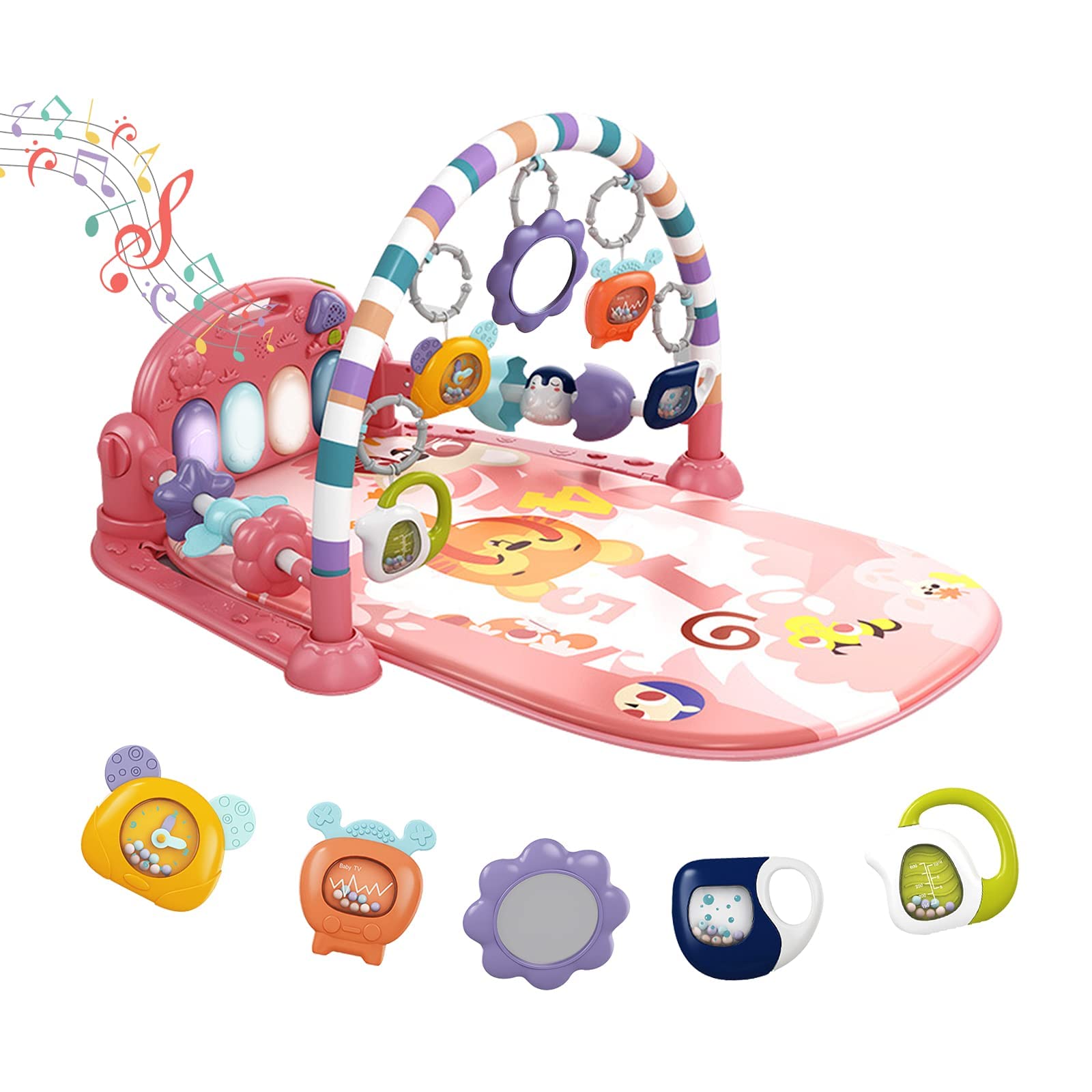 Dearlomum Baby Play Mat Baby Gym,Funny Play Piano Tummy Time Baby Activity Mat With 5 Infant Sensory Baby Toys, Music And Lights