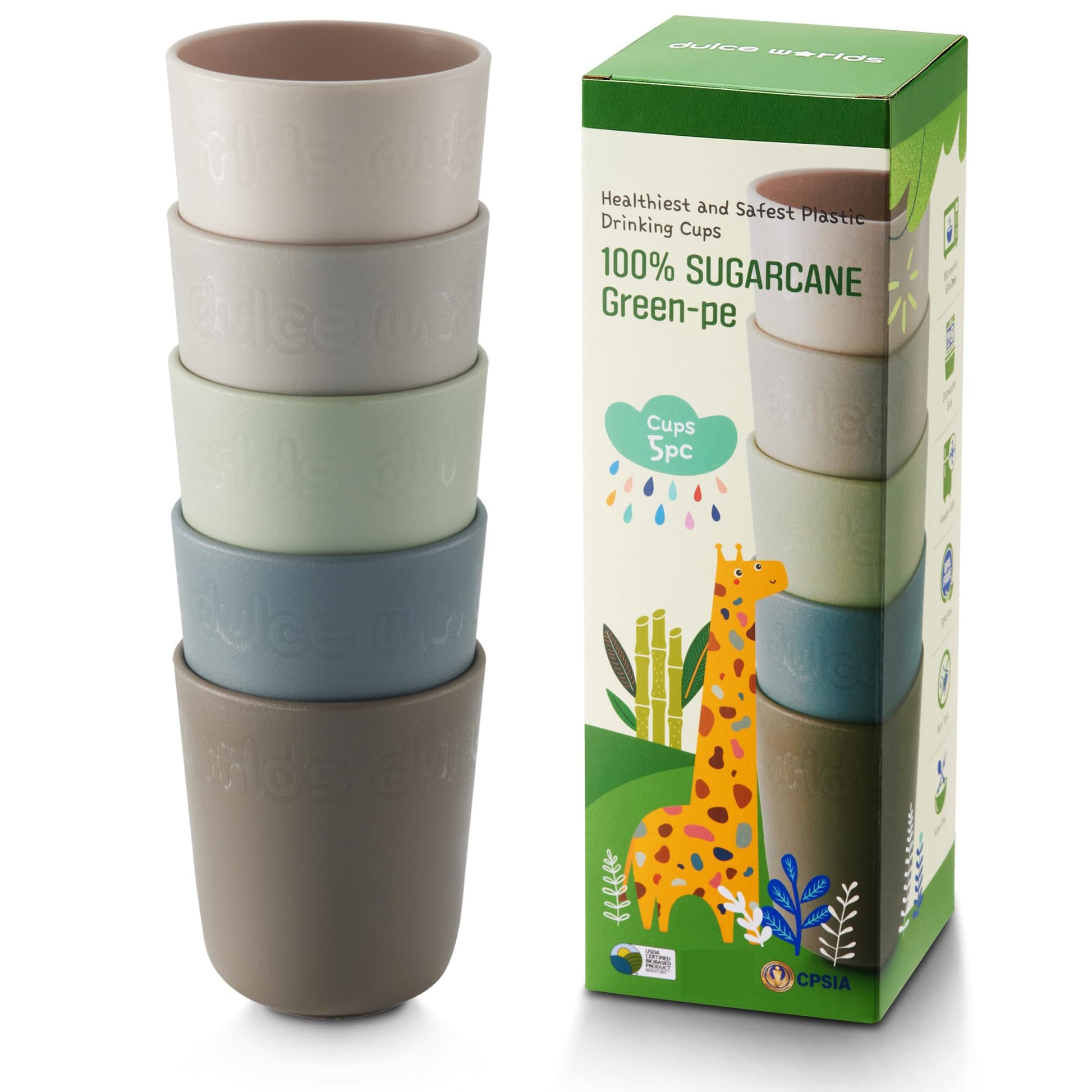 Dulce Worlds SUGARCANE Kids Cup 10 oz - 5 Pack, USDA & LFGB Certified Toddler Cup - BPA Free - Dishwasher Safe, Reusable, Unbrea