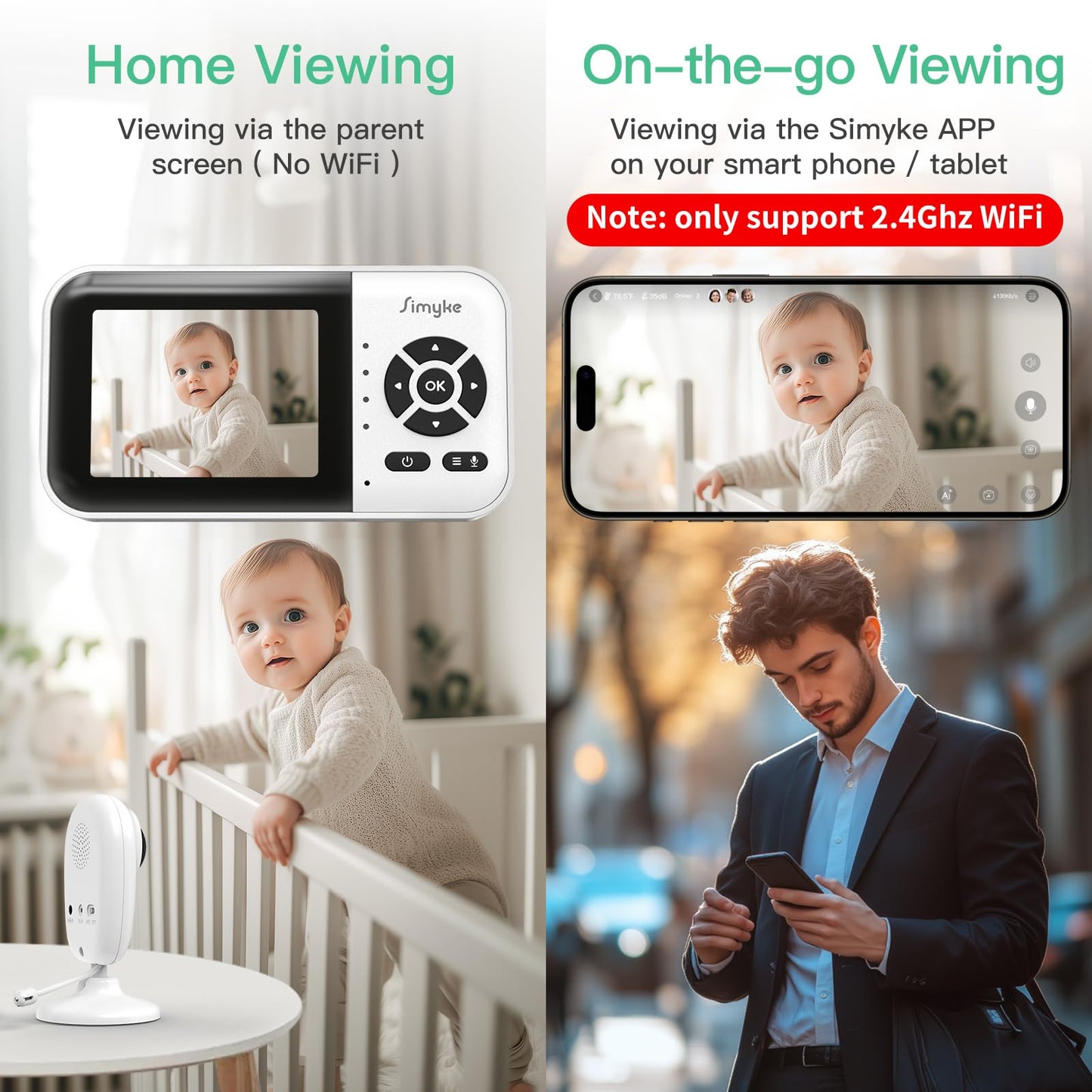 Simyke Smart Video Baby Monitor With Camera And Audio,Dual Mode,Wifi On/Off Switch,2.8Inch Display,App,1080P Camera,1500Ft Long
