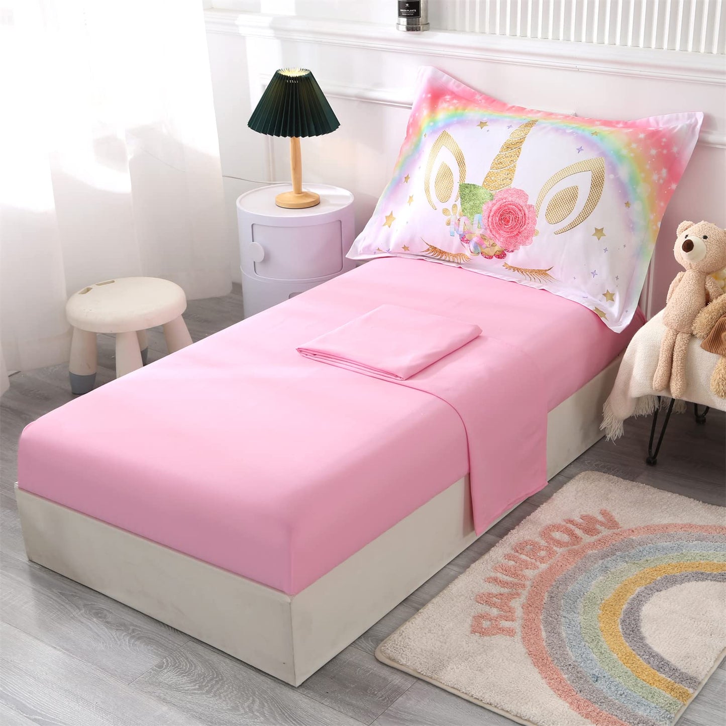 Wowelife Unicorn Toddler Bedding Set For Girls Pink 4 Piece Unicorn Toddler Bed Comforter Set Rainbow White Super Soft And Comfo