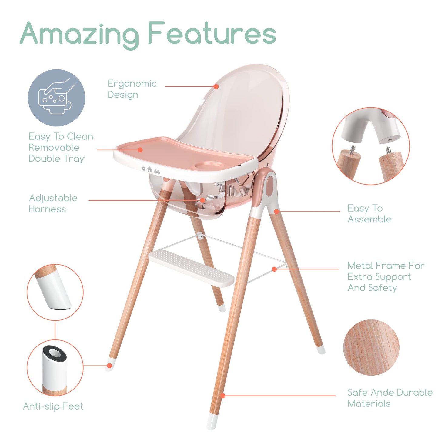 Children Of Design Classic Non-Reclinable 6 In 1 Wooden High Chair - Pink