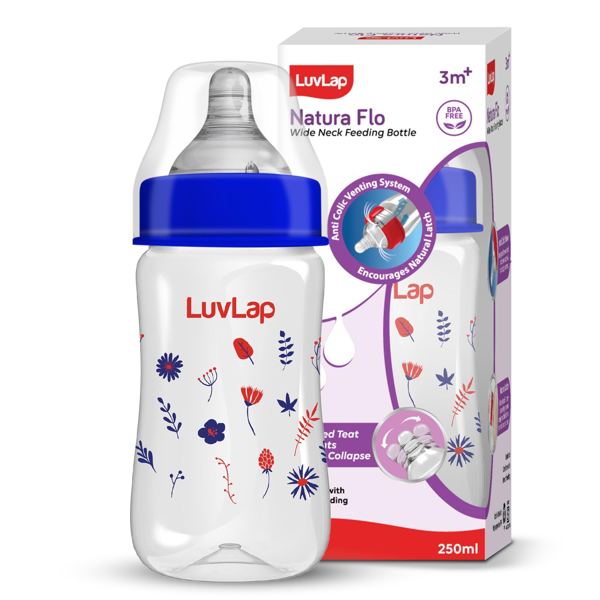 Luvlap AntiColic Wide Neck Natura Flo Baby Feeding Bottle, 250Ml, New Born / Infants / Toddler Upto 3 Years, Floral, Bpa Free