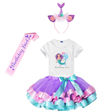 Yoriko Girls Mermaid Birthday Costume Tutu Skirts Dress With Mermaid Birthday Girl Tshirt, Headband, Satin Sash