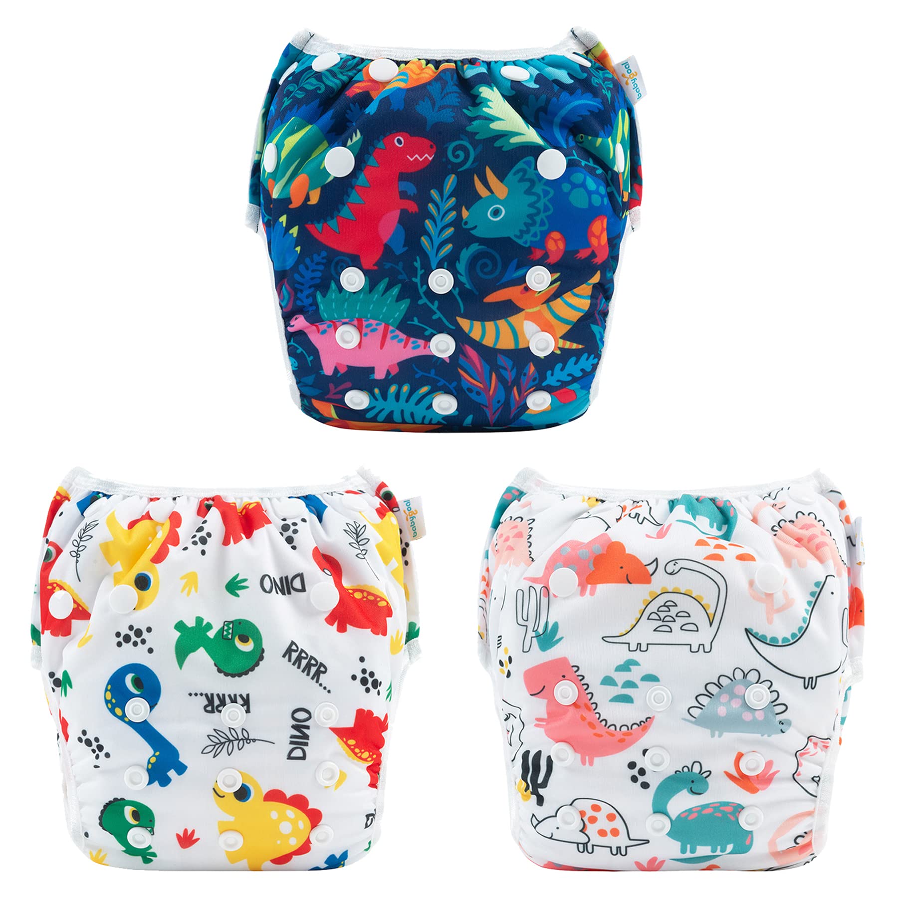 Babygoal Baby Swim Diapers 3 Pack For 0-8 Months Infant Girls And Boys, Reusable Adjustable Washable For Swimming Lessons-Dinosa