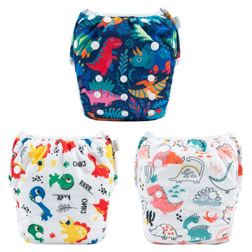 Babygoal Baby Swim Diapers 3 Pack For 0-8 Months Infant Girls And Boys, Reusable Adjustable Washable For Swimming Lessons-Dinosa