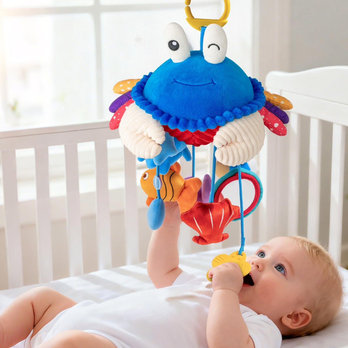 Car Seat Toys for Babies 0-6 Months, Hanging Sensory Crab Plush Toy for Stroller, Crib & Play Gym, Clip-On Montessori Infant Act