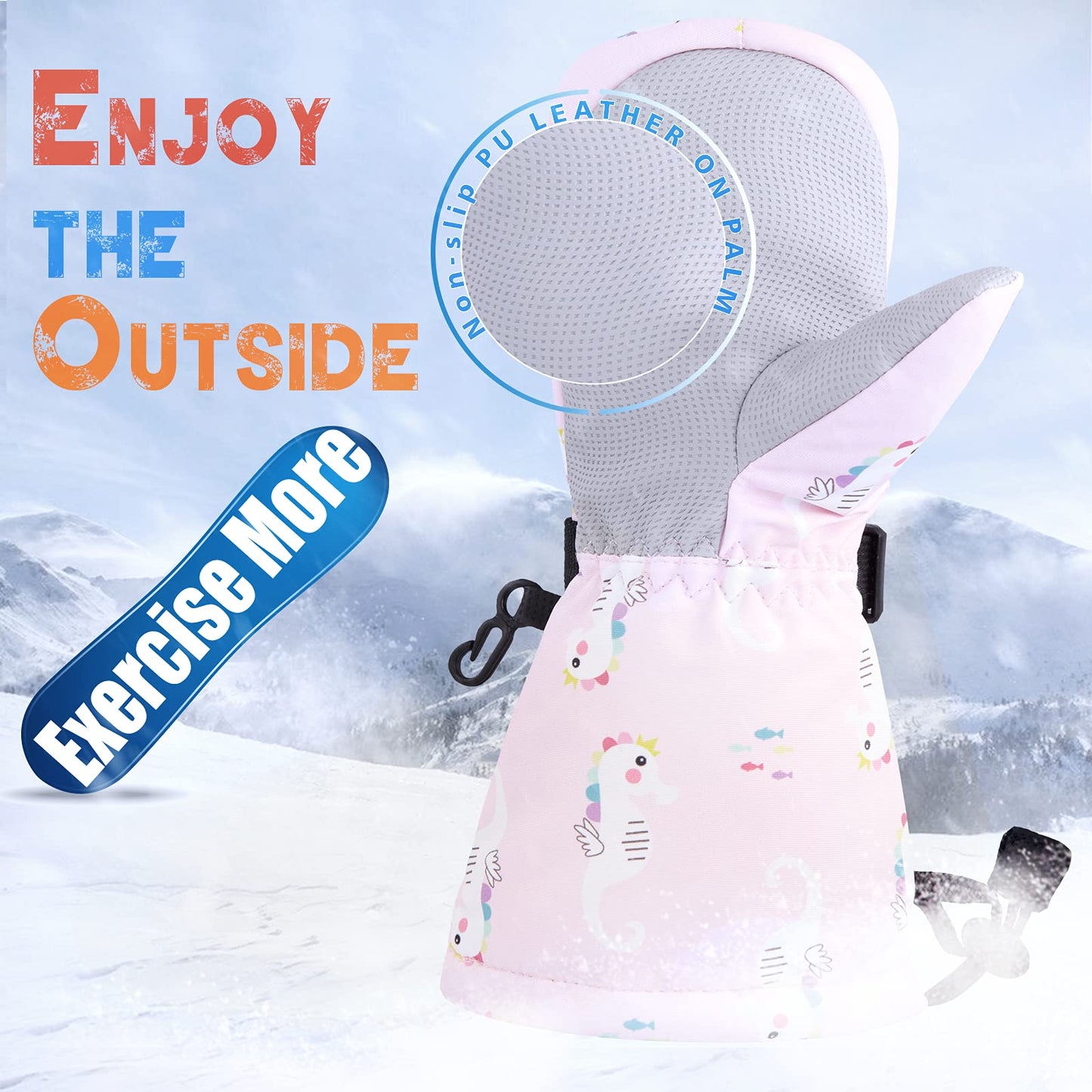Bavst Winter Kids Waterproof Gloves For Boys Girls Snow Ski Toddler Baby Mittens Outdoor For Infant Teens 1-5T (N-Pink Sea Horse
