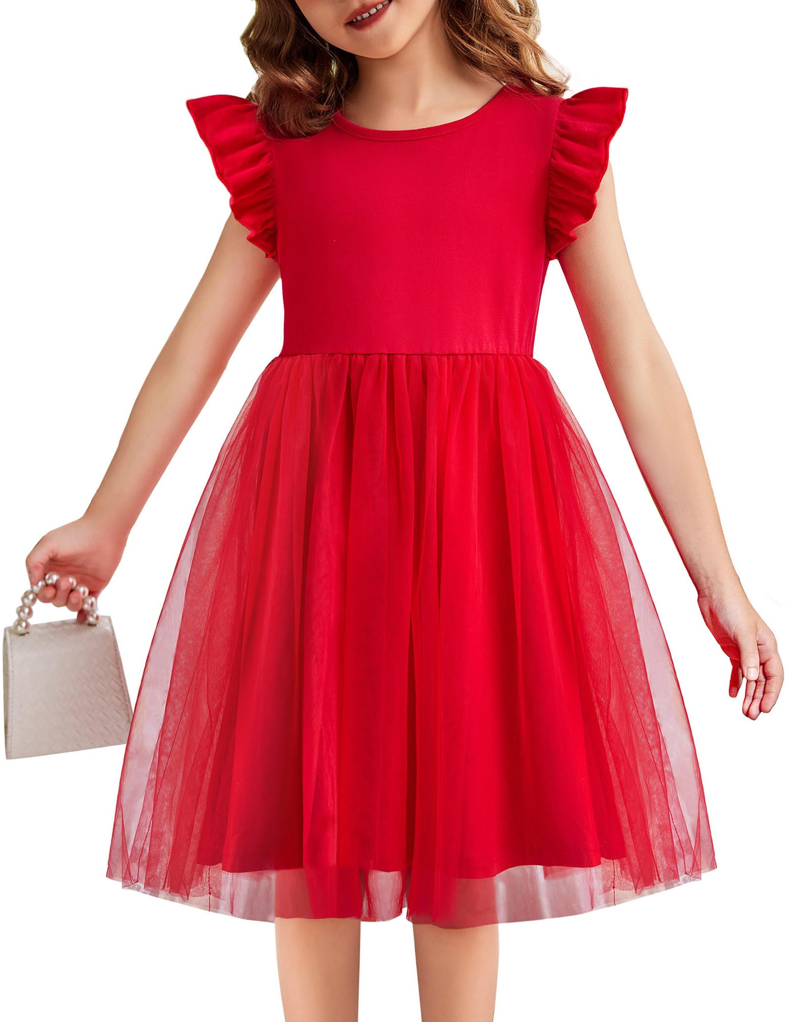 Flypigs Girl Dresses Toddler Flutter Tutu Dress Formal Red Valentine Christmas Birthday Party Tulle Dress For 2 Years