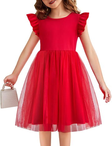 Flypigs Girl Dresses Toddler Flutter Tutu Dress Formal Red Valentine Christmas Birthday Party Tulle Dress For 4Years