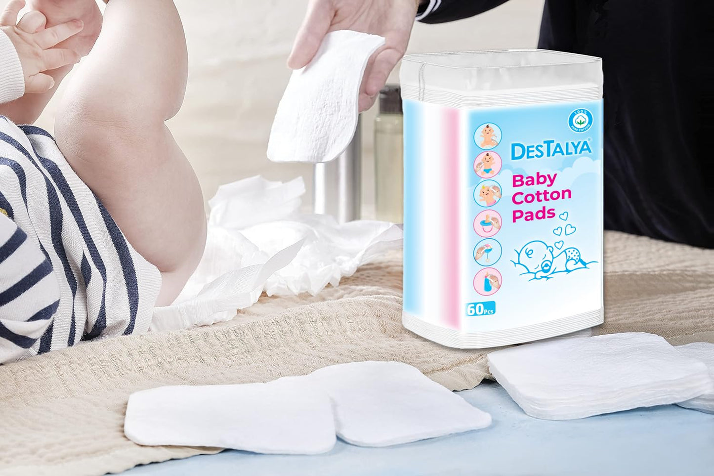 Destalya Baby Cotton Pads For Diaper Change | 360 Count | Soft Large Squares For Sensitive Skin | Lint-Free | 100% Cotton (Maxi