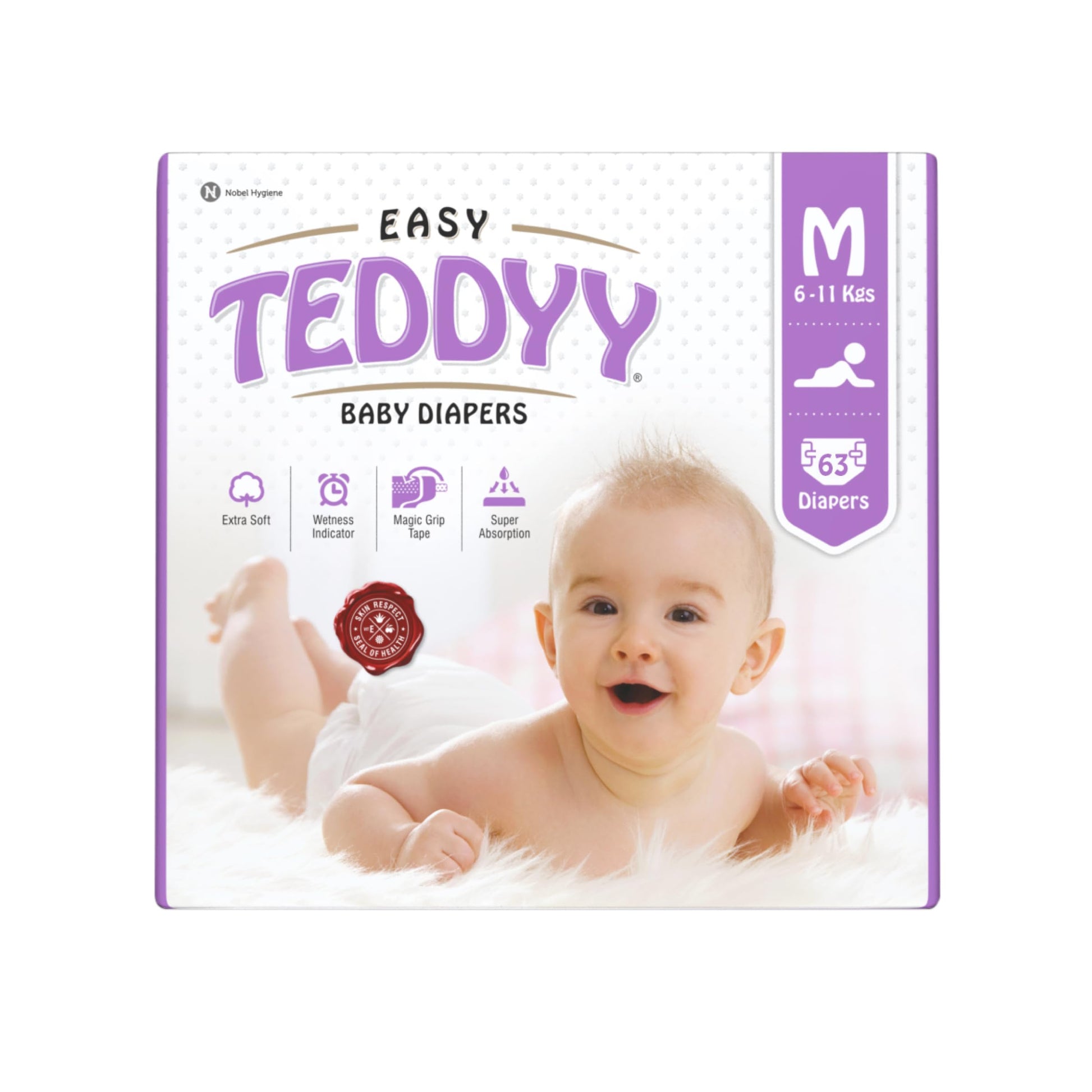 Teddyy Easy Baby M Size Diaper Tape Style |63 Count (Medium) | 611 Kgs (Pack Of 1)|Quick Absorbency | Extra Super Soft |Anti  