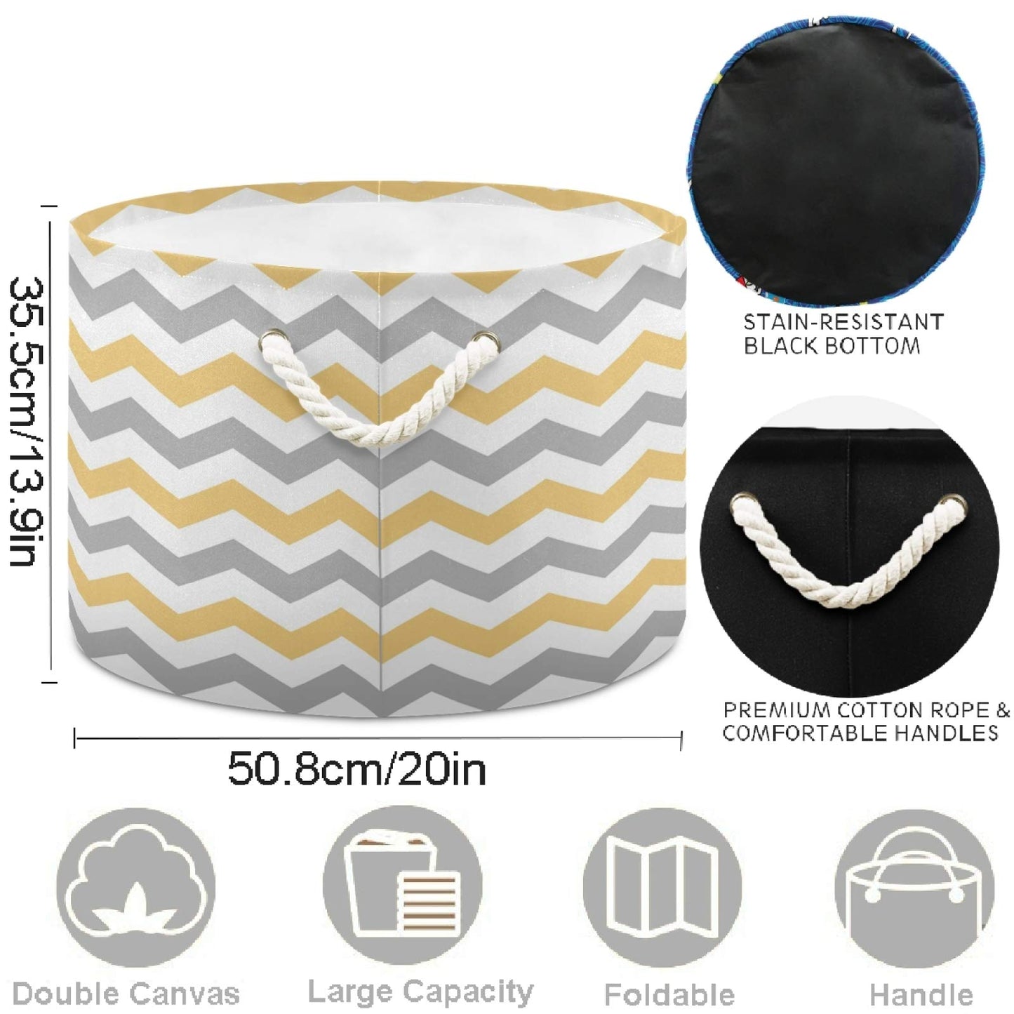 Visesunny Grey And Yellow Plaid Chevron Collapsible Large Capacity Basket Storage Bin With Durable Cotton Handles, Home Organize