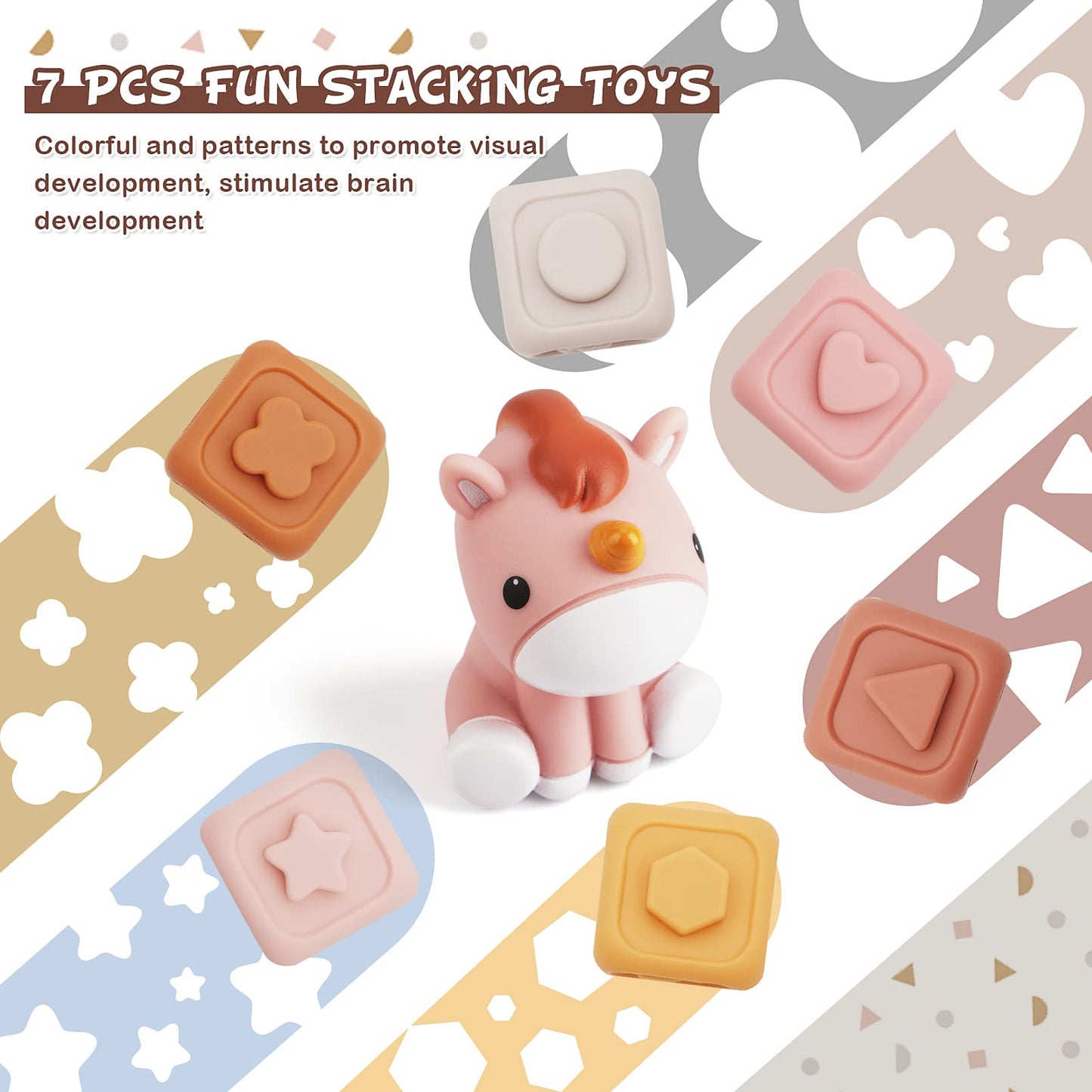 Nueplay 7 Pcs Soft Building Blocks, Sensory Stacking Squeeze Toys with Horse Figure, Newborn Essentials for 6 12 18 Months Baby