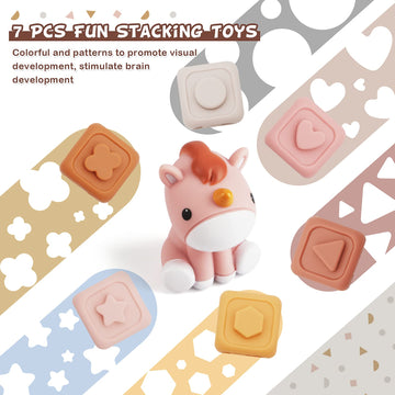 Nueplay 7 Pcs Soft Building Blocks, Sensory Stacking Squeeze Toys with Horse Figure, Newborn Essentials for 6 12 18 Months Baby