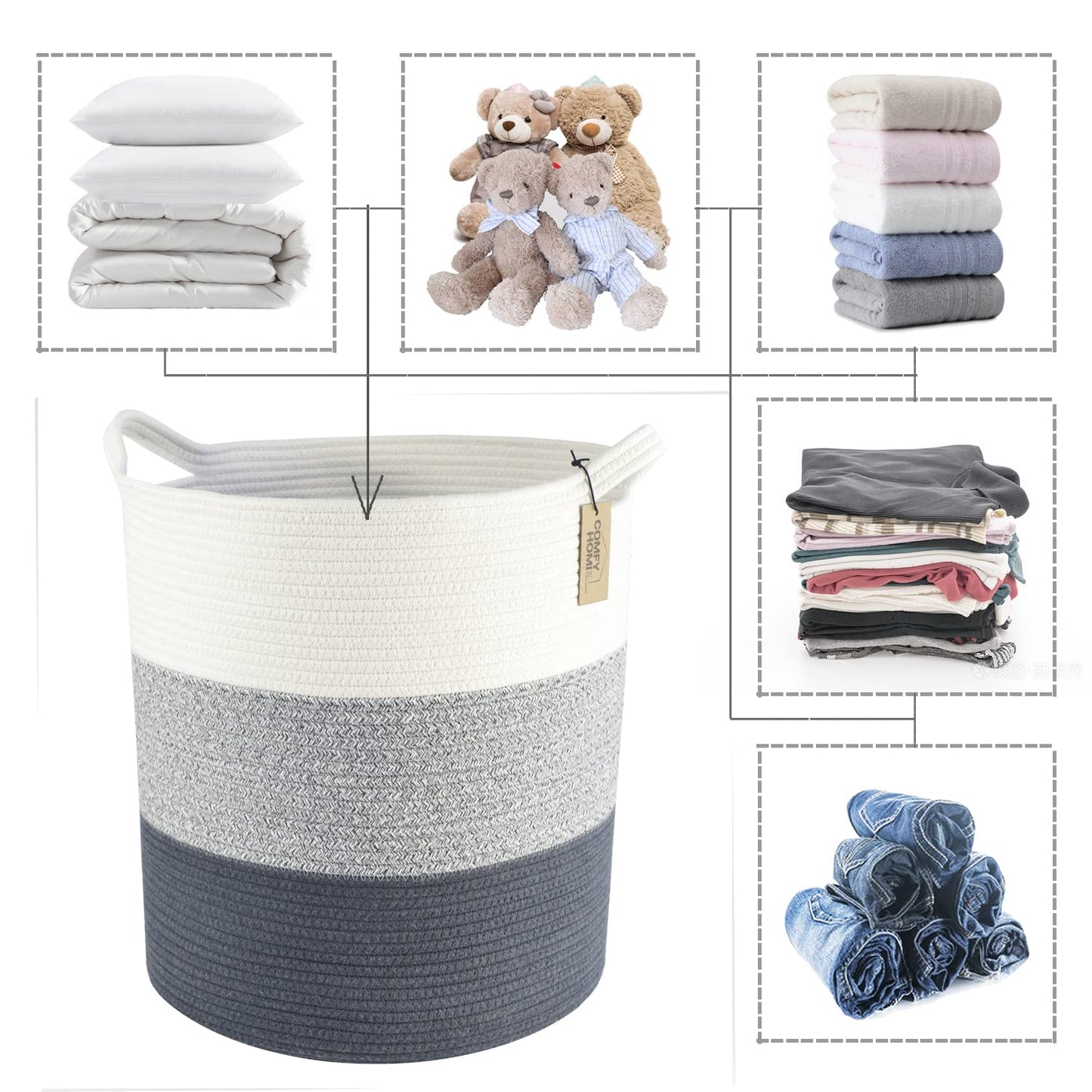 Comfy-Homi Xxl Large Laundry Basket With Handles Blanket Baskets Living Room|Woven Cotton Rope Decorative Basket Laundry Hamper