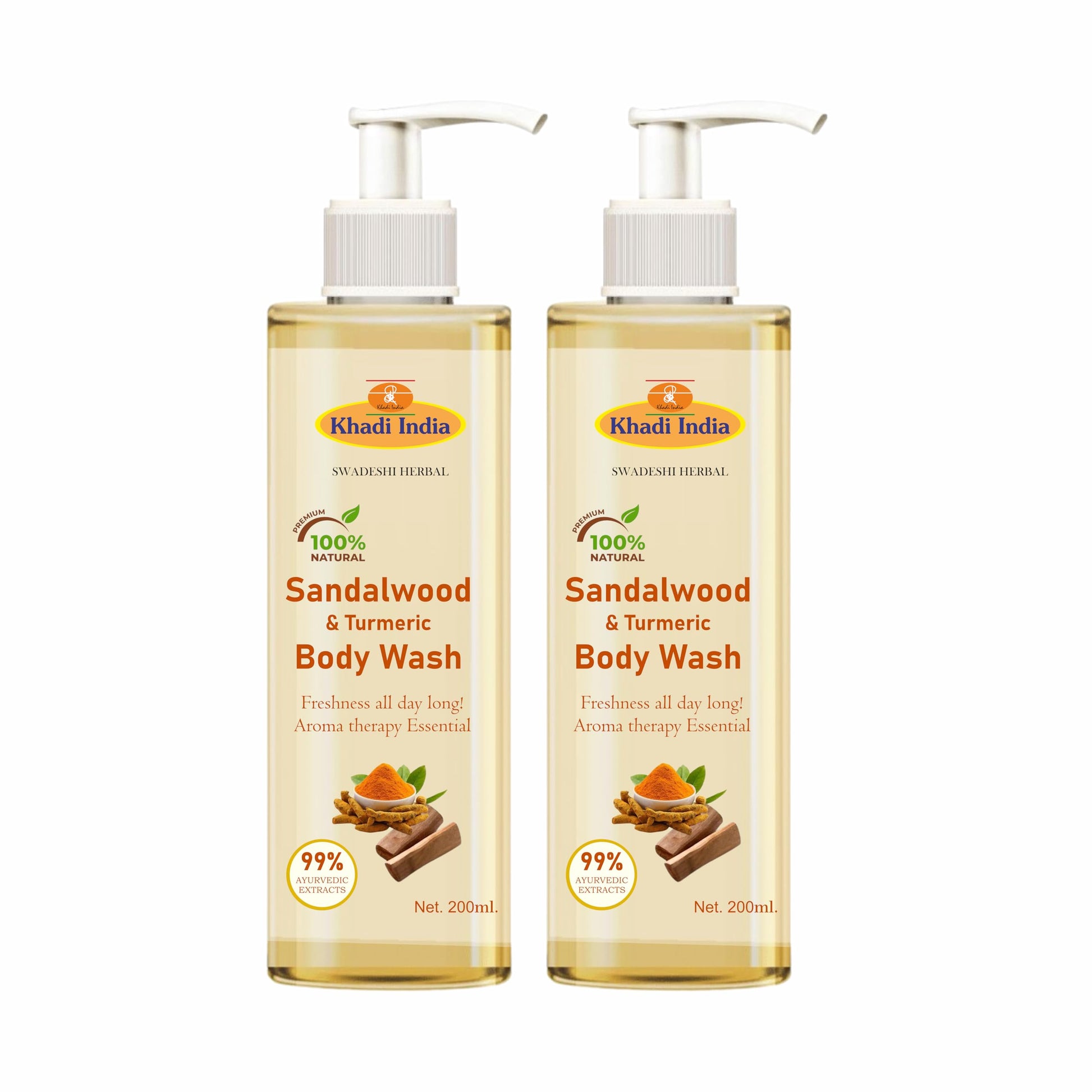 Khadi 100% Pure Natural Herbal Sandal And Turmeric Herbal Body Wash, Sls And Paraben Free (Pack Of 2-400Ml., Sandalwood & Turmer
