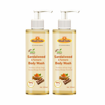 Khadi 100% Pure Natural Herbal Sandal And Turmeric Herbal Body Wash, Sls And Paraben Free (Pack Of 2-400Ml., Sandalwood & Turmer