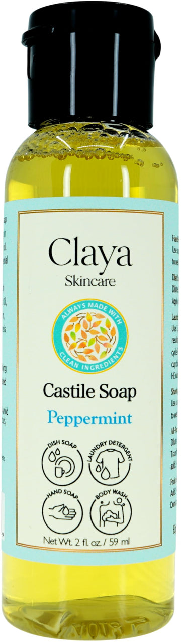 Claya Peppermint Liquid Castile Soap - Organic Ingredients, Biodegradable, Gentle for Sensitive Skin and Versatile Use (Travel S