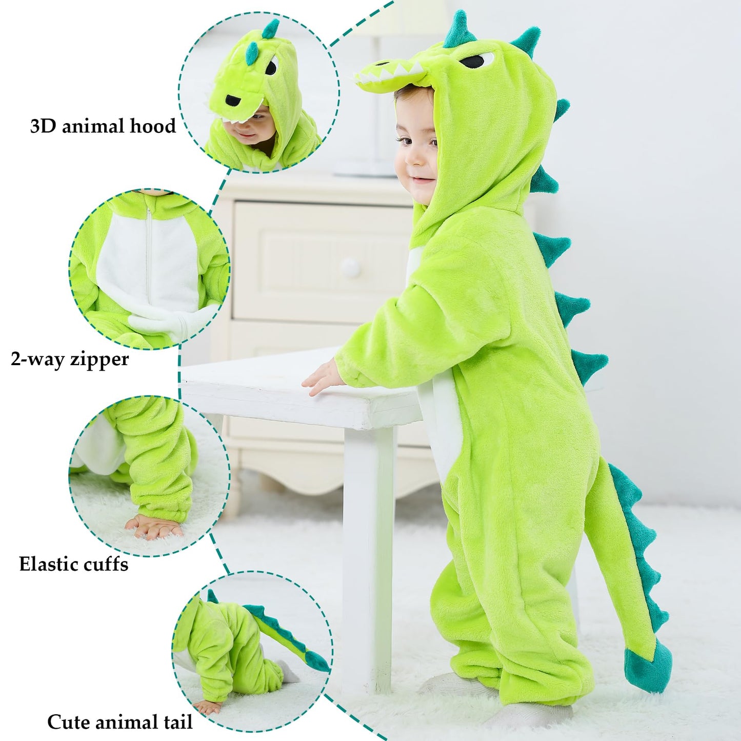 Tonwhar Unisex Baby Animal Halloween Costume Kid'S And Toddler'S Autumn Winter Outfits Jumpsuit(2-3T,Light Green Dino)