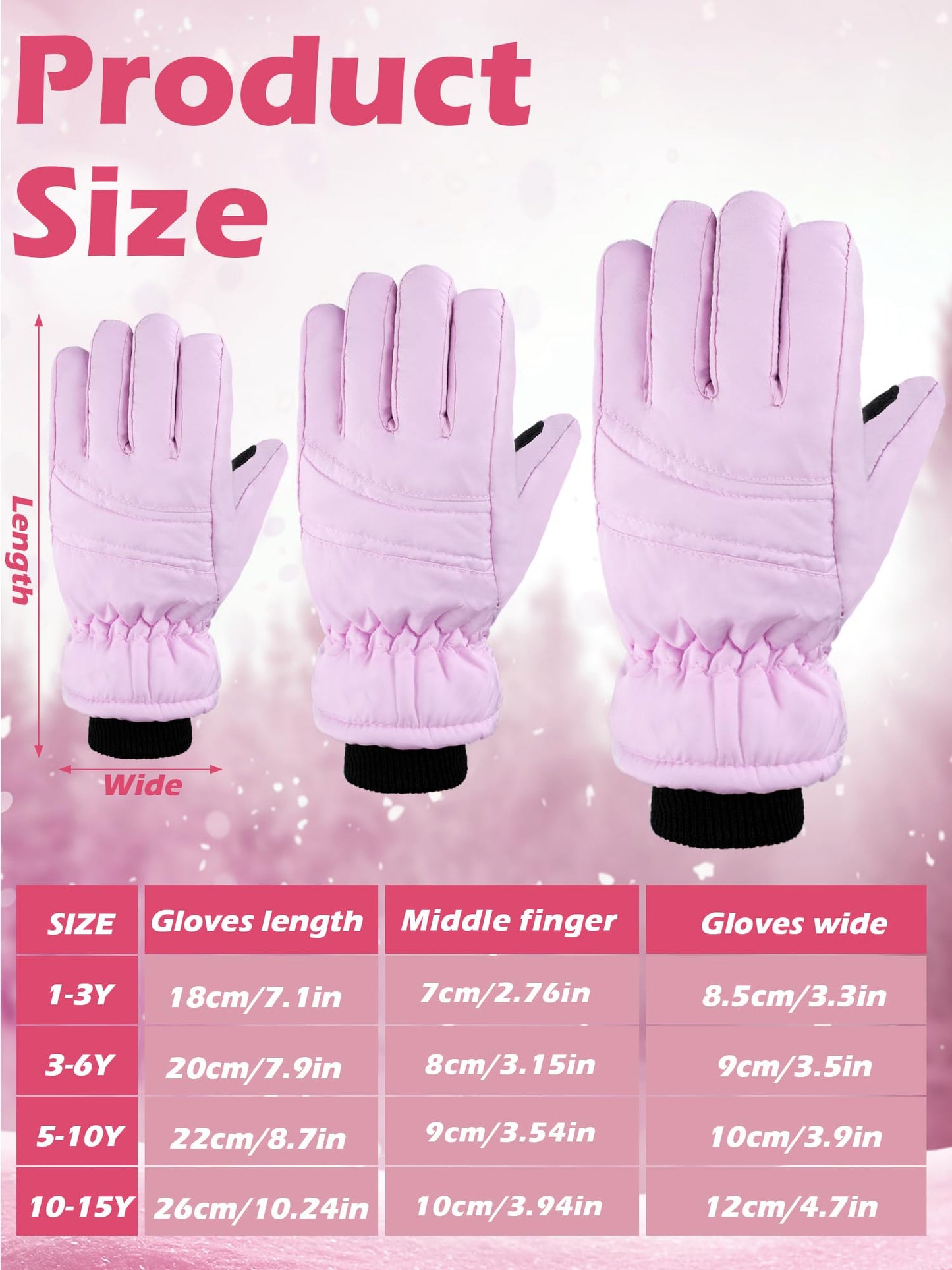 Boao 2 Pairs Kids Winter Ski Gloves Waterproof Warm Snow Mittens Full Finger Gloves For Toddlers Infants (Pink, Purple,10-15 Yea