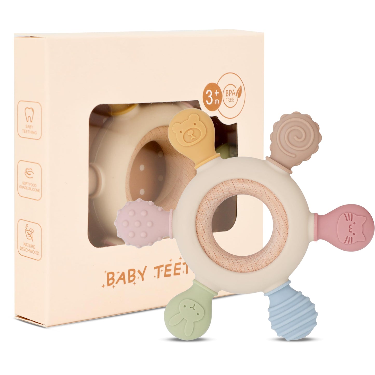 Lyrovo Silicon & Wood Teether For 3+ Months Baby, Bpa Free, Beige, Infants