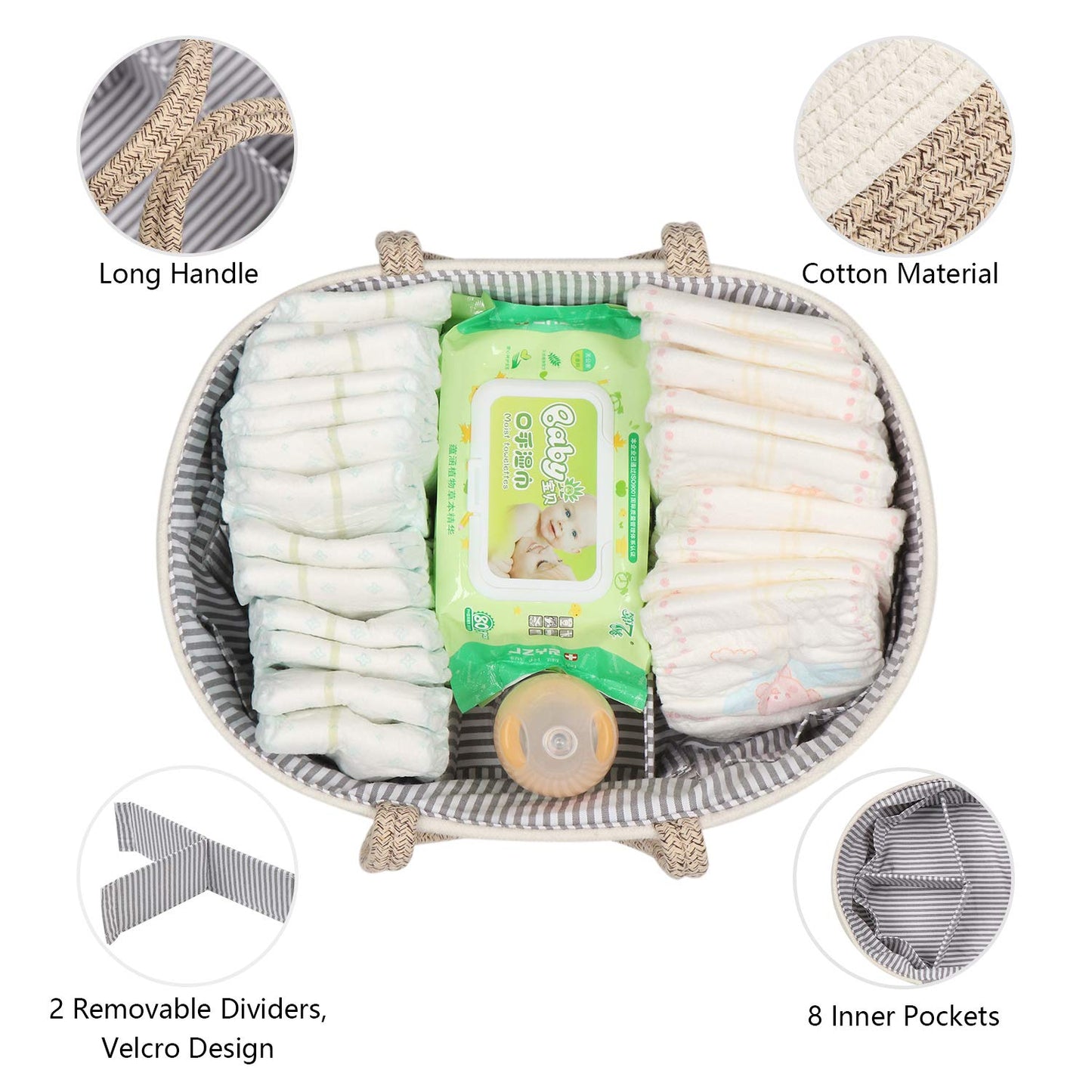 Maxgoods Baby Diaper Caddy Organizer -100% Cotton Baby Basket Bin With Removable Divider -Portable Tote Bag Storage Basket For B