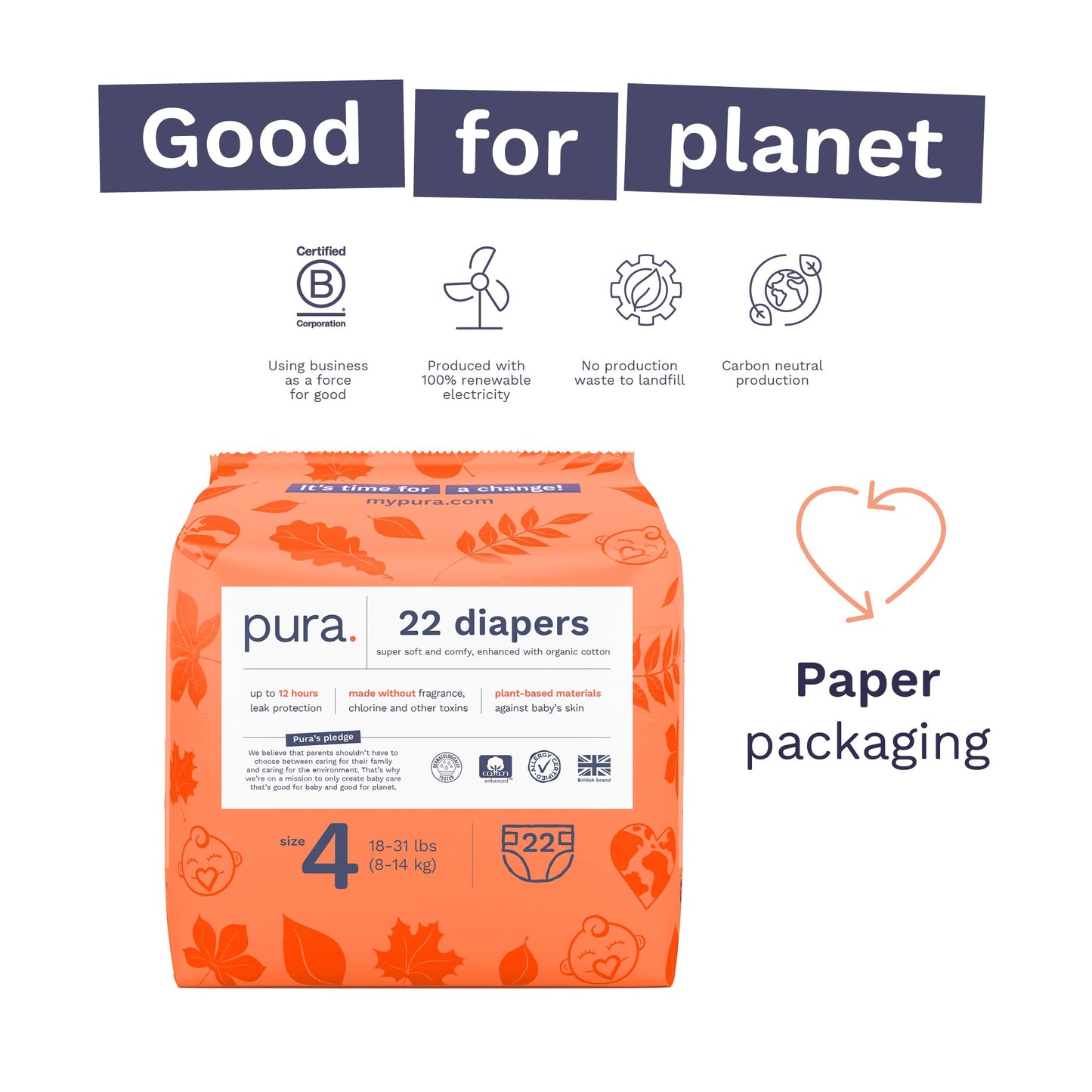 Pura Size 4 Eco-Friendly Diapers (18-31 Lbs) Hypoallergenic, Soft Organic Cotton, Sustainable, Up To 12 Hours Leak Protection, A