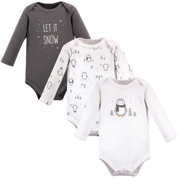 Hudson Baby Unisex Bodysuits Cotton Long-Sleeve Gray Penguin, 3-6 Months, Gray Penguin 3-Pack, 3-6 Months Us
