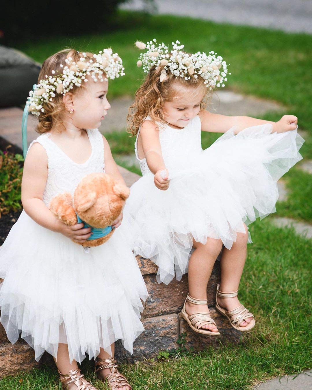2Bunnies Girl Peony Lace Back A-Line Tiered Tutu Tulle Flower Girl Dress (No Applique White, 5)