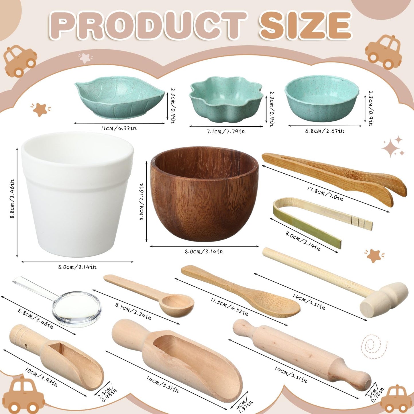 Tiangrid 14pcs Sensory Bin Tool Sensory Tools for Boys and Girls Fine Motor Skill Toys Wooden Tong Spoons Bowls Plate Hammer Mag