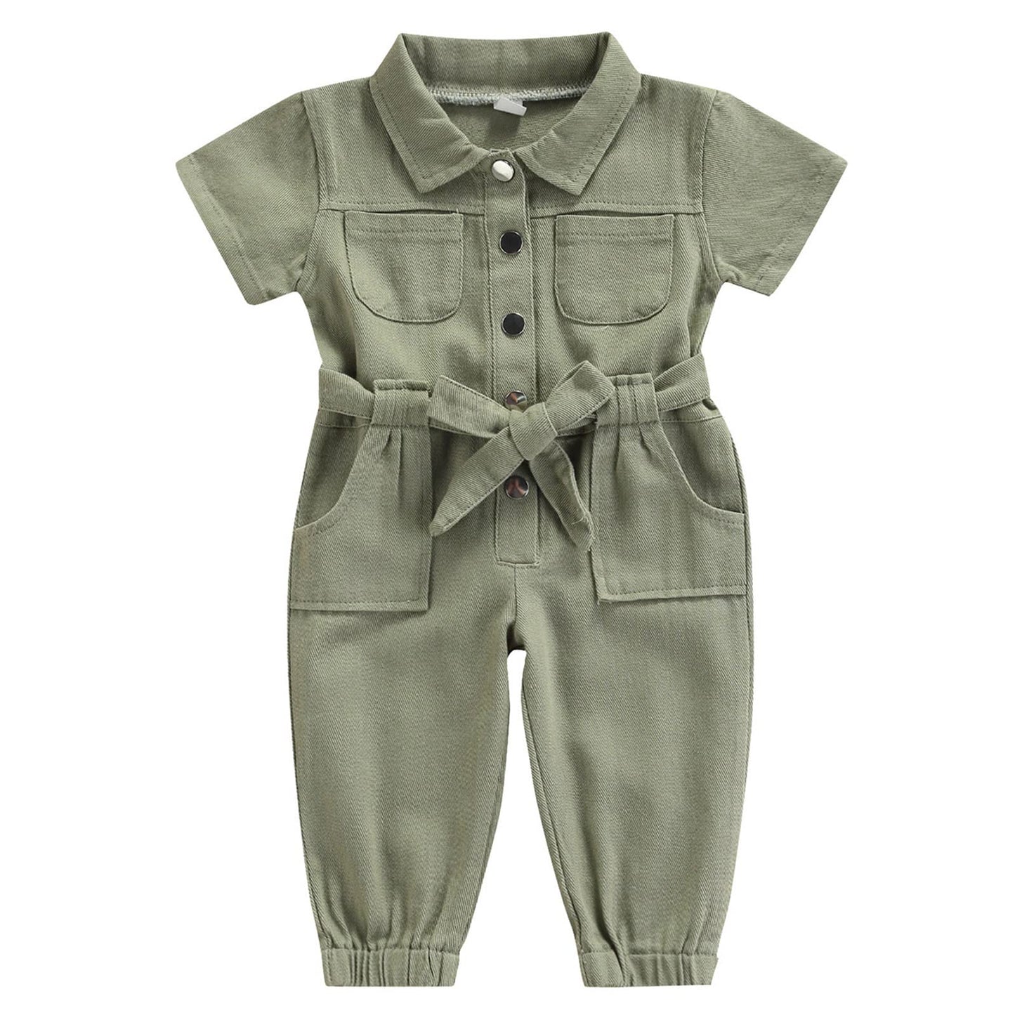 Mubineo Toddler Baby Girl Summer Fall Basic Plain Short Sleeve Cotton Linen Drawstring Romper Jumpsuit (Y2 Green, 12-18 Months)