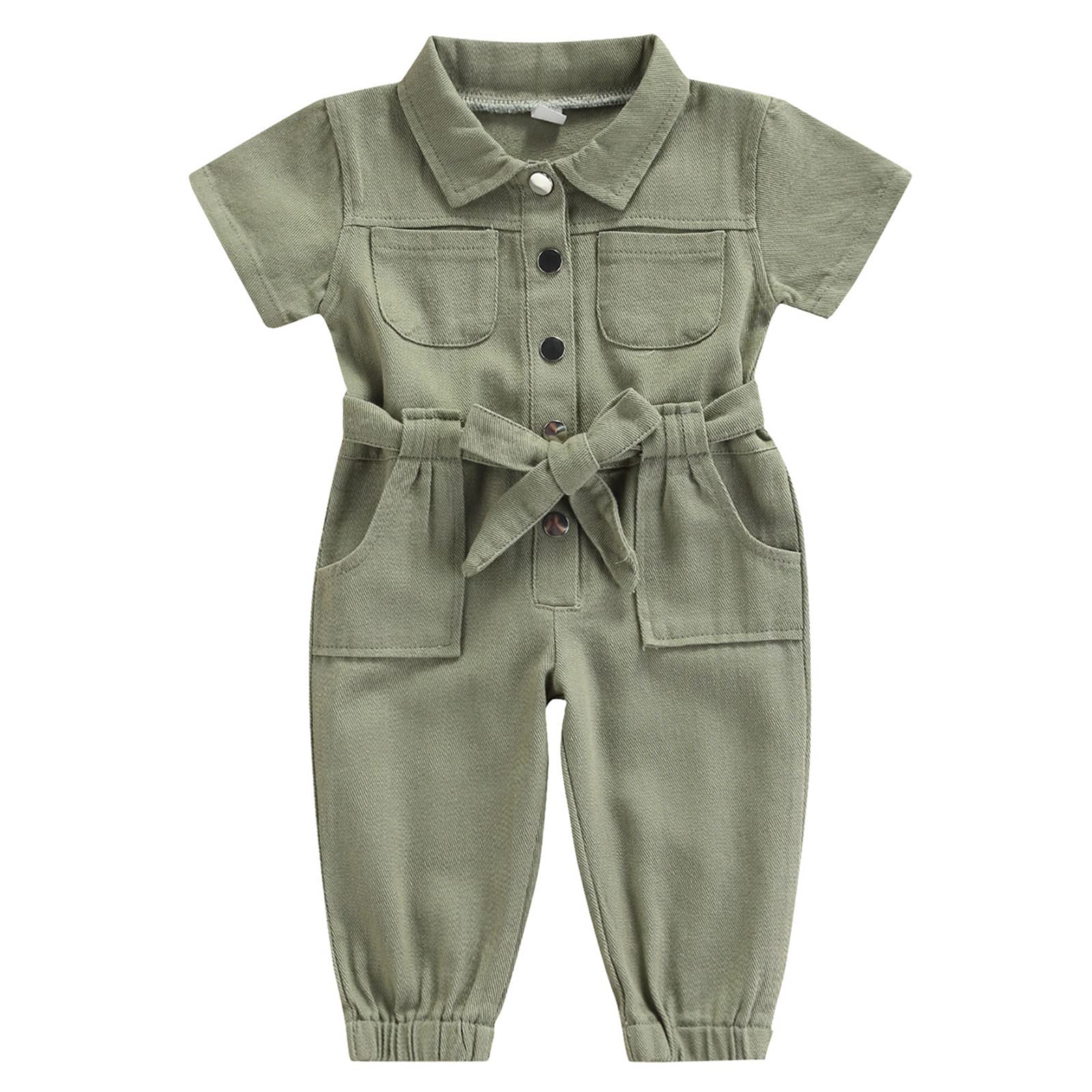 Mubineo Toddler Baby Girl Summer Fall Basic Plain Short Sleeve Cotton Linen Drawstring Romper Jumpsuit (Y2 Green, 12-18 Months)