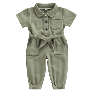 Mubineo Toddler Baby Girl Summer Fall Basic Plain Short Sleeve Cotton Linen Drawstring Romper Jumpsuit (Y2 Green, 12-18 Months)