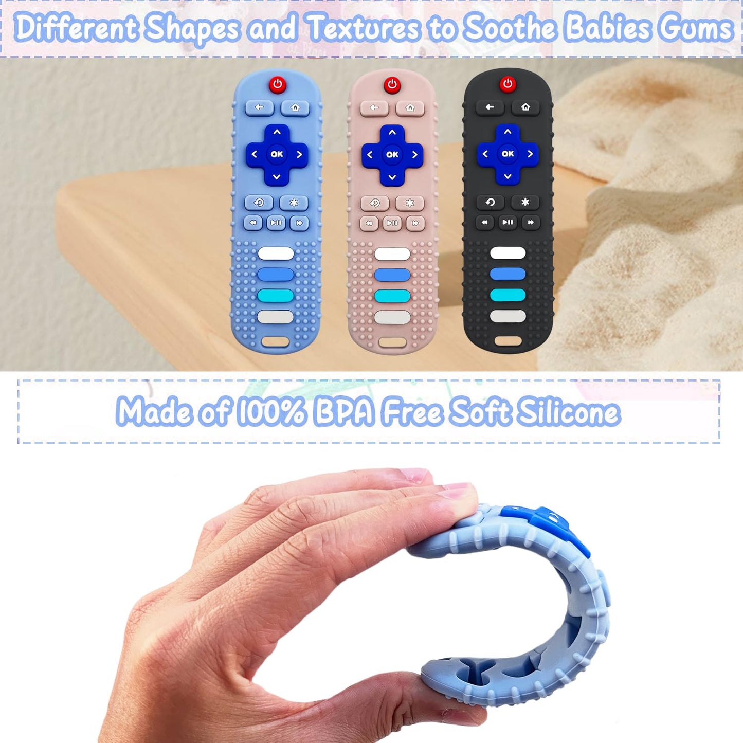 YAPROMO 2Pcs Teething Toys, Silicone TV Remote Teethers for Baby Toy Remote Teethetr for Infant Toddler Kids/Boy/Girl, BPA Free