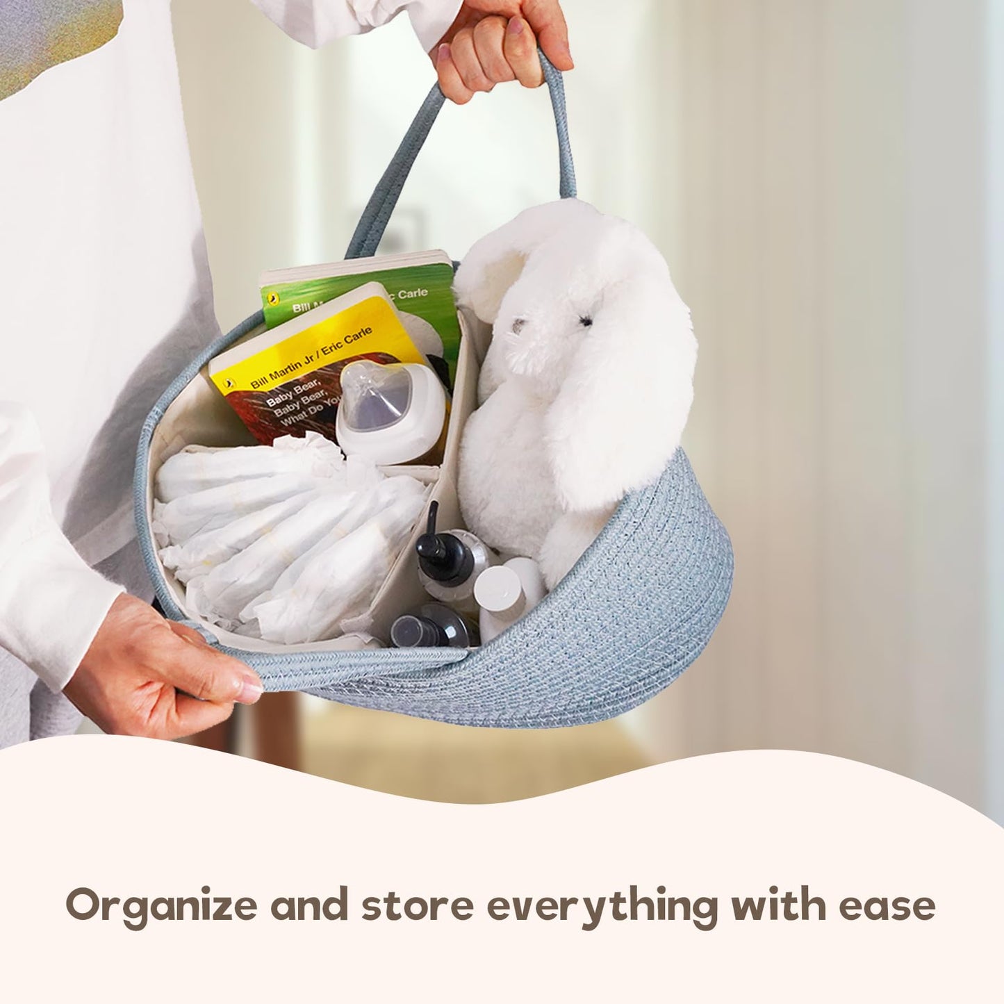 Baby Diaper Caddy Organizer, Large Cotton Rope Nursery Diaper Basket, Changing Table Organizer, Portable Tote Bag With Divider,