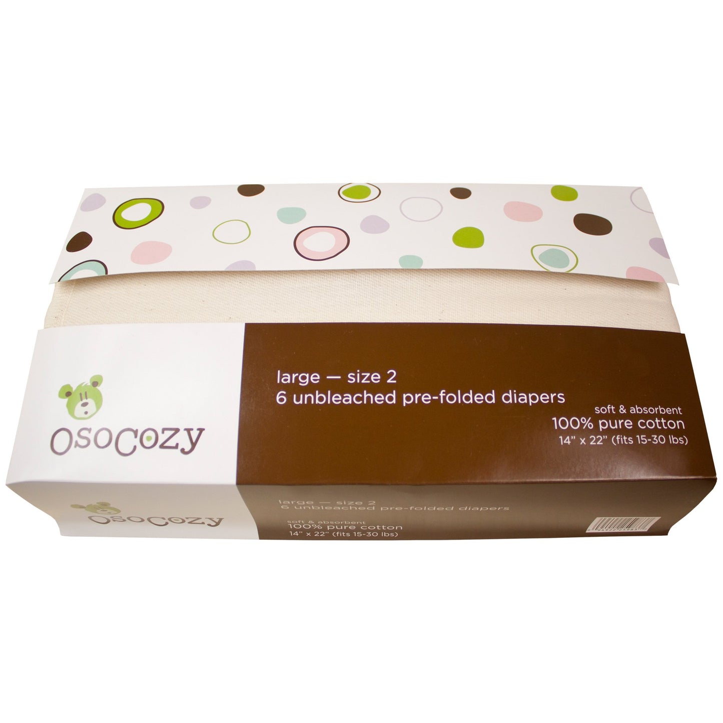 OsoCozy Unbleached Prefold Cloth Baby Diapers, Size 2 (15-30 lbs.), Soft, Absorbent, Durable 100% Natural Cotton, Unbleached Nat