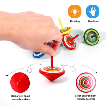 Wodi Wooden Spinning Tops, 17 Pcs Wood Novelty Gyroscopes, Kids Handmade Painted Spinner, Kindergarten Toys, Vintage Craft Spin