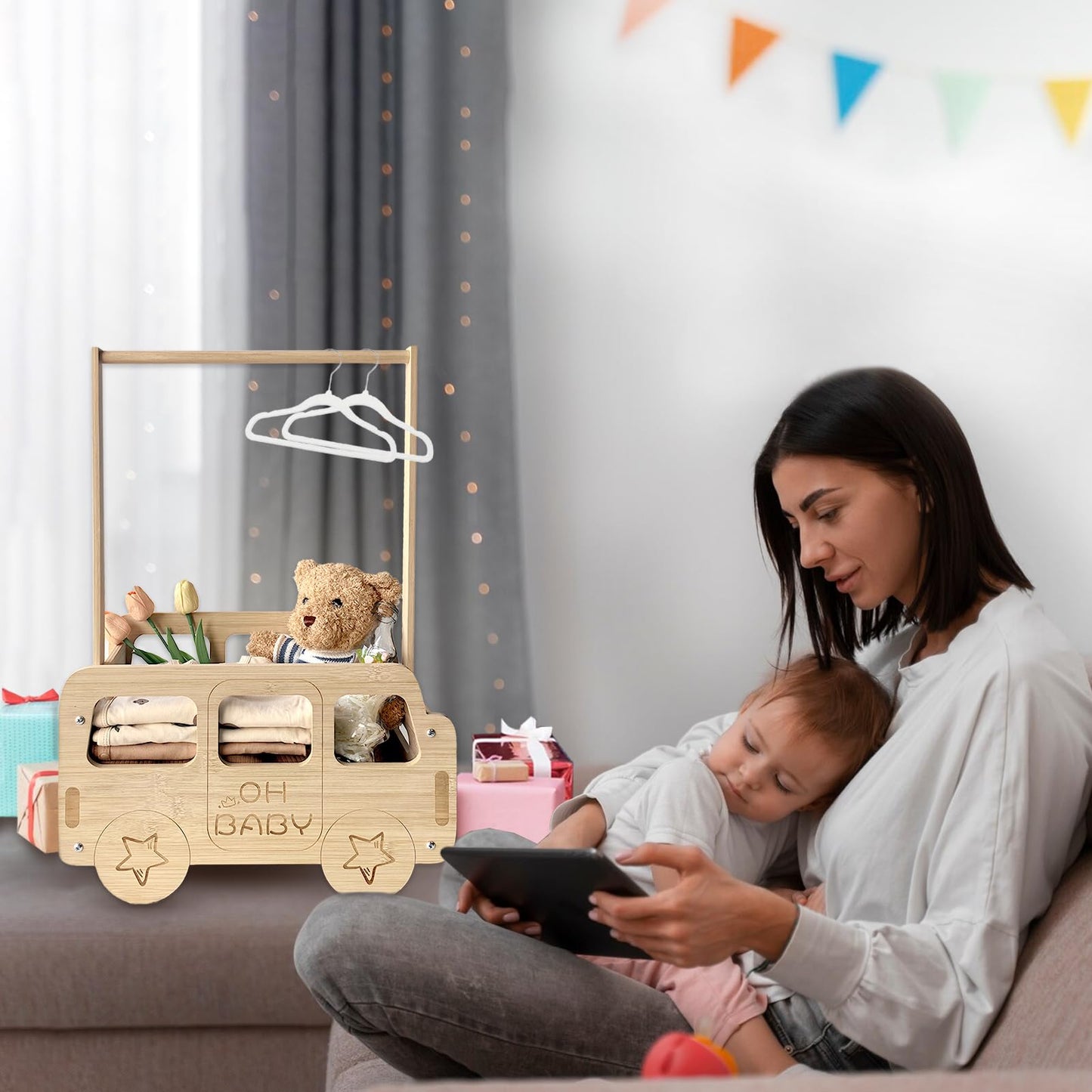 Fun-Plus Baby Shower Crate, Bus Shape Basket With Handle, Wooden Storage Crate For Pregnancy, New Parent (Bamboo Made)