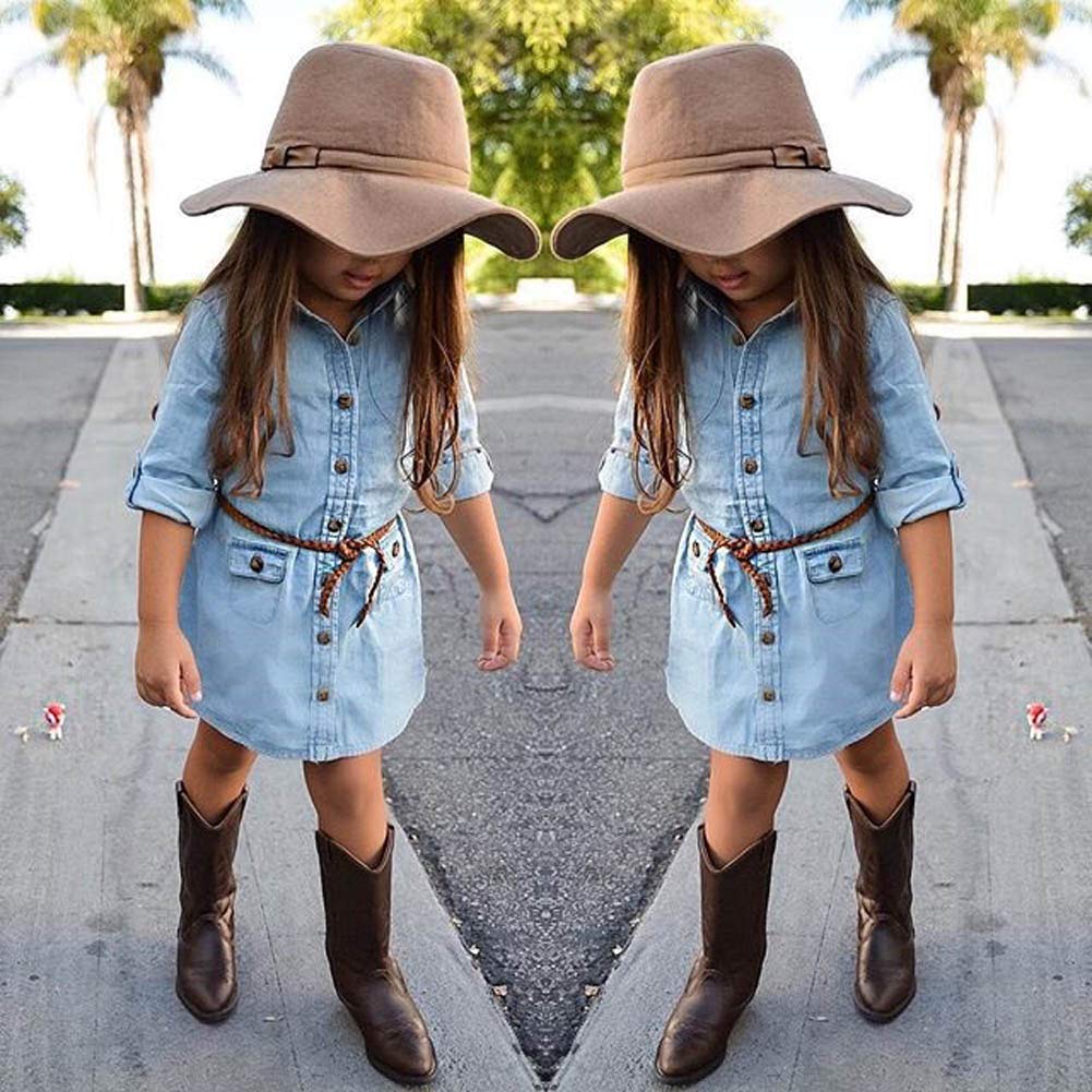 Biggerstore Fashion Kids Toddler Baby Girl Half/Long Sleeve Denim Tunic Jean Shirt Dress With Belt For Girl 1-5T (Blue, 12-18 Mo