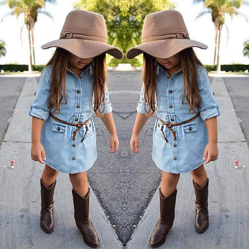 Biggerstore Fashion Kids Toddler Baby Girl Half/Long Sleeve Denim Tunic Jean Shirt Dress With Belt For Girl 1-5T (Blue, 12-18 Mo