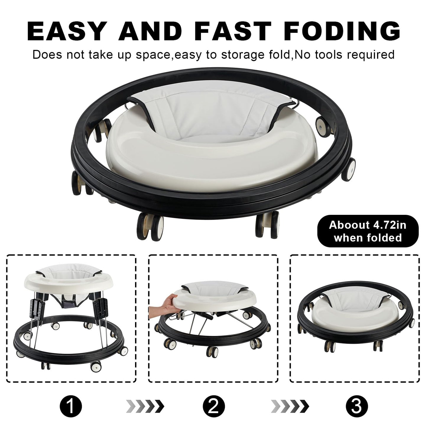 Adjustable Baby Walkers For Baby With Easy Clean Tray, Universal Wheeled Walker, Anti-Rollover Folding Walker For Girls Boys 6-1