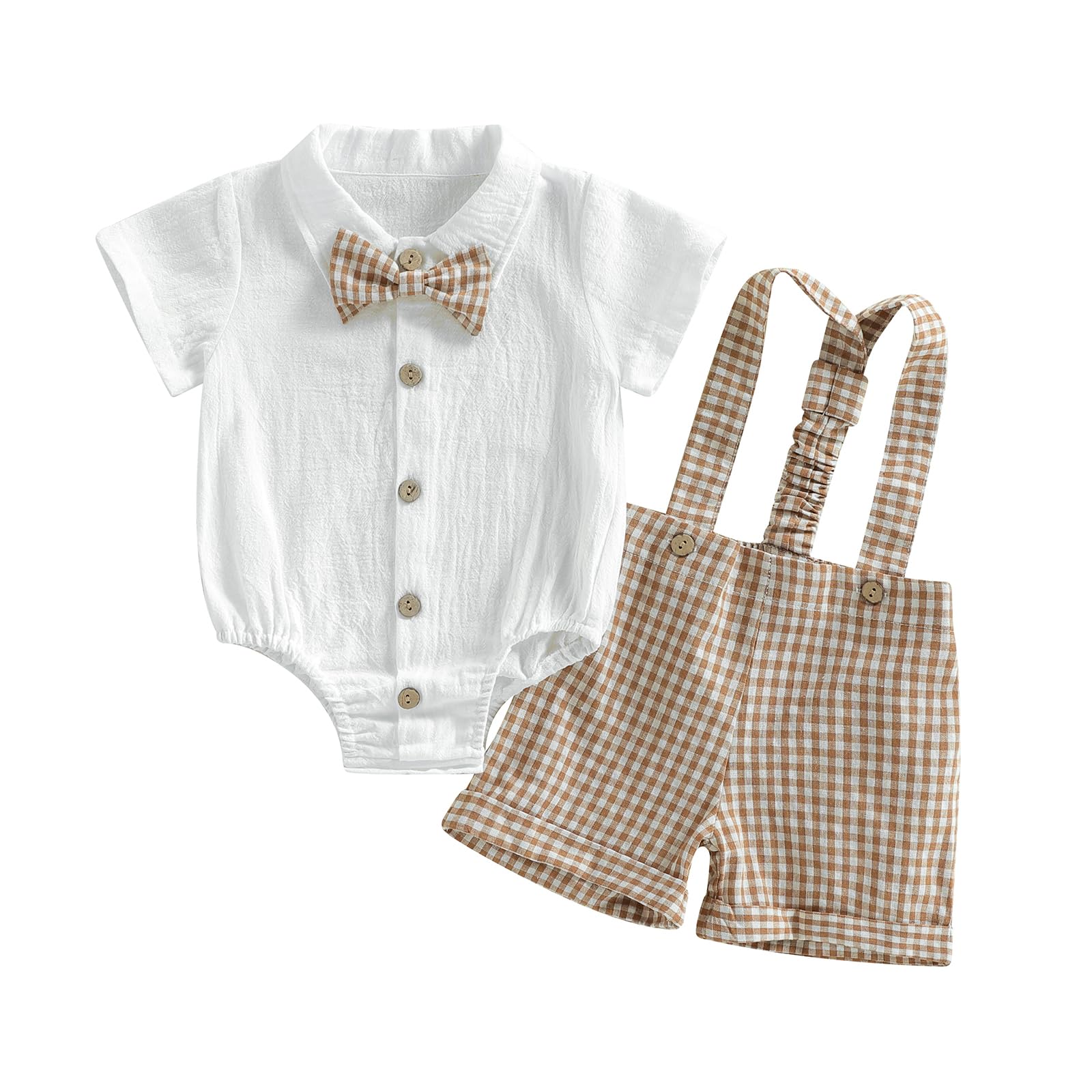 Nibbcoa Baby Boy Clothes Set Infant Bow Tie Button Down Shirt Bodysuit Top Striped/Plaid Shorts 2Pcs Summer Outfit (P-Khaki, 6-9