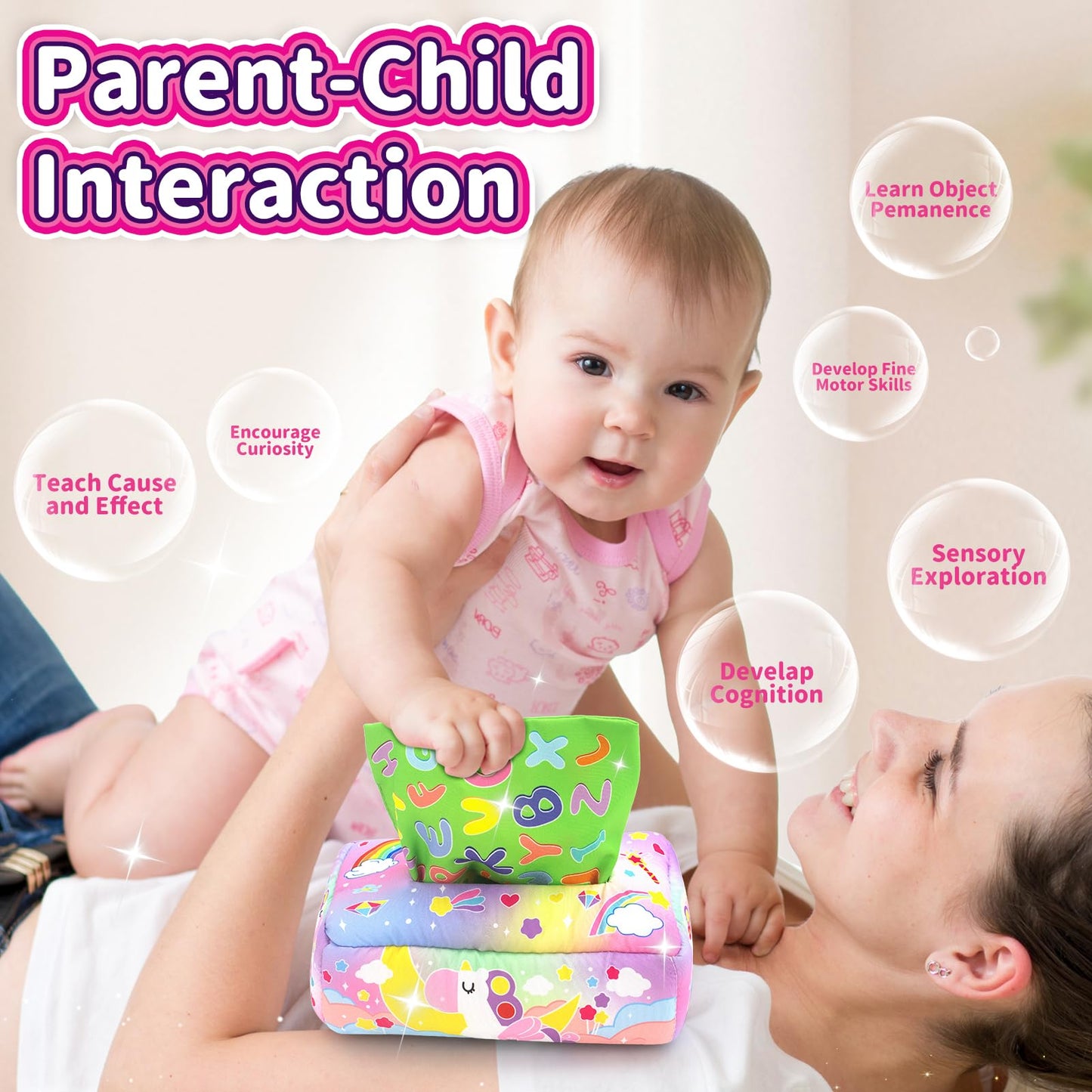usrela Baby Toys 6 to 12 Months - Tissue Box Toy, Baby Toys for 6 12 18 Months, Unicorn Tissue Learning Toys with Alphabet Numbe