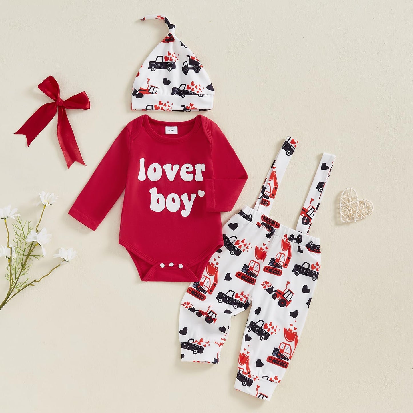 Beqeuewll Valentines Newborn Baby Boy 3Pcs Clothes Infant Long Sleeve Romper Cute Pattern Suspender Pants Overalls Outfits (Love