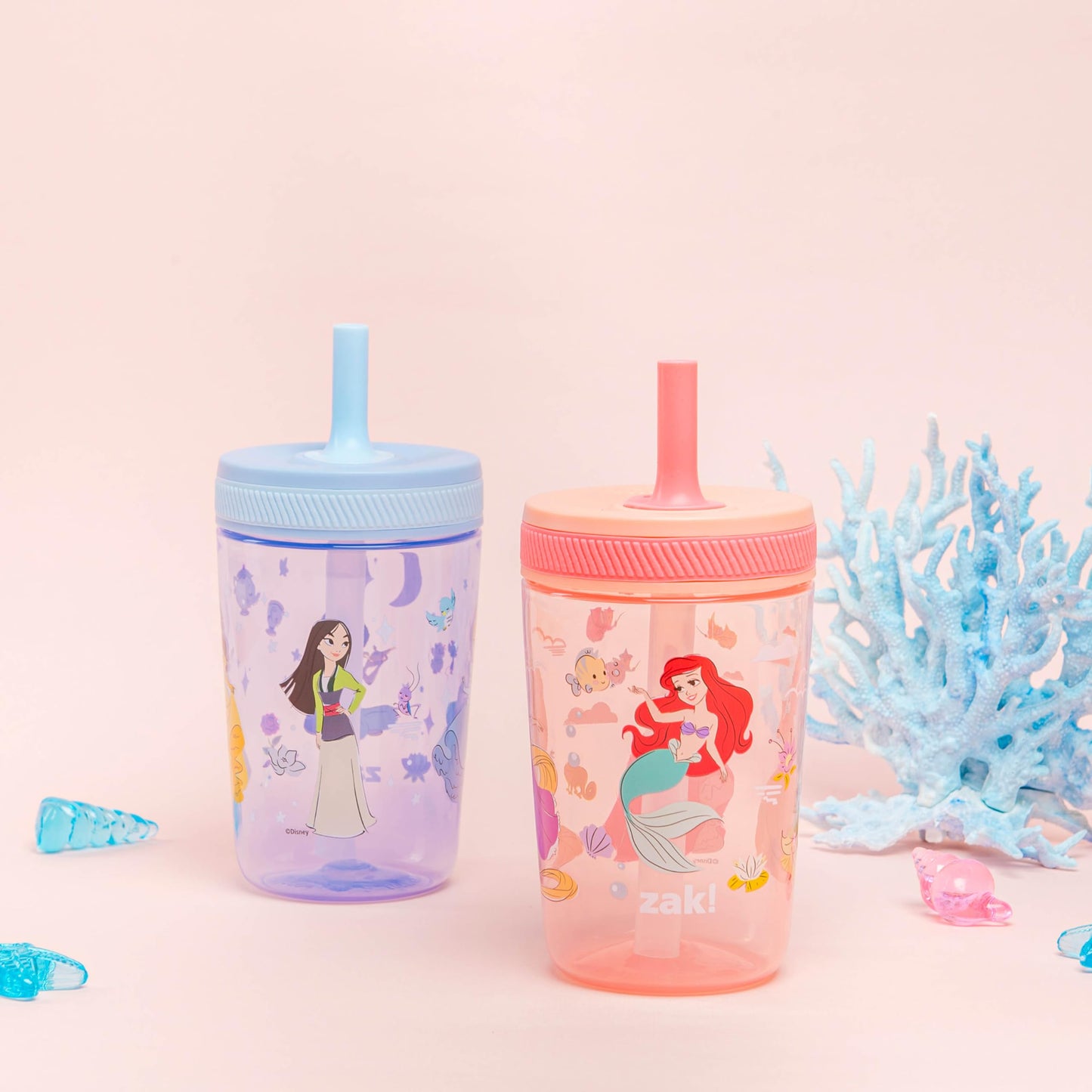 Zak Designs Disney Princess Kelso Toddler Cups For Travel or Home, 15oz 2-Pack Plastic Sippy Cups, Leak-Proof For Kids (Ariel, A