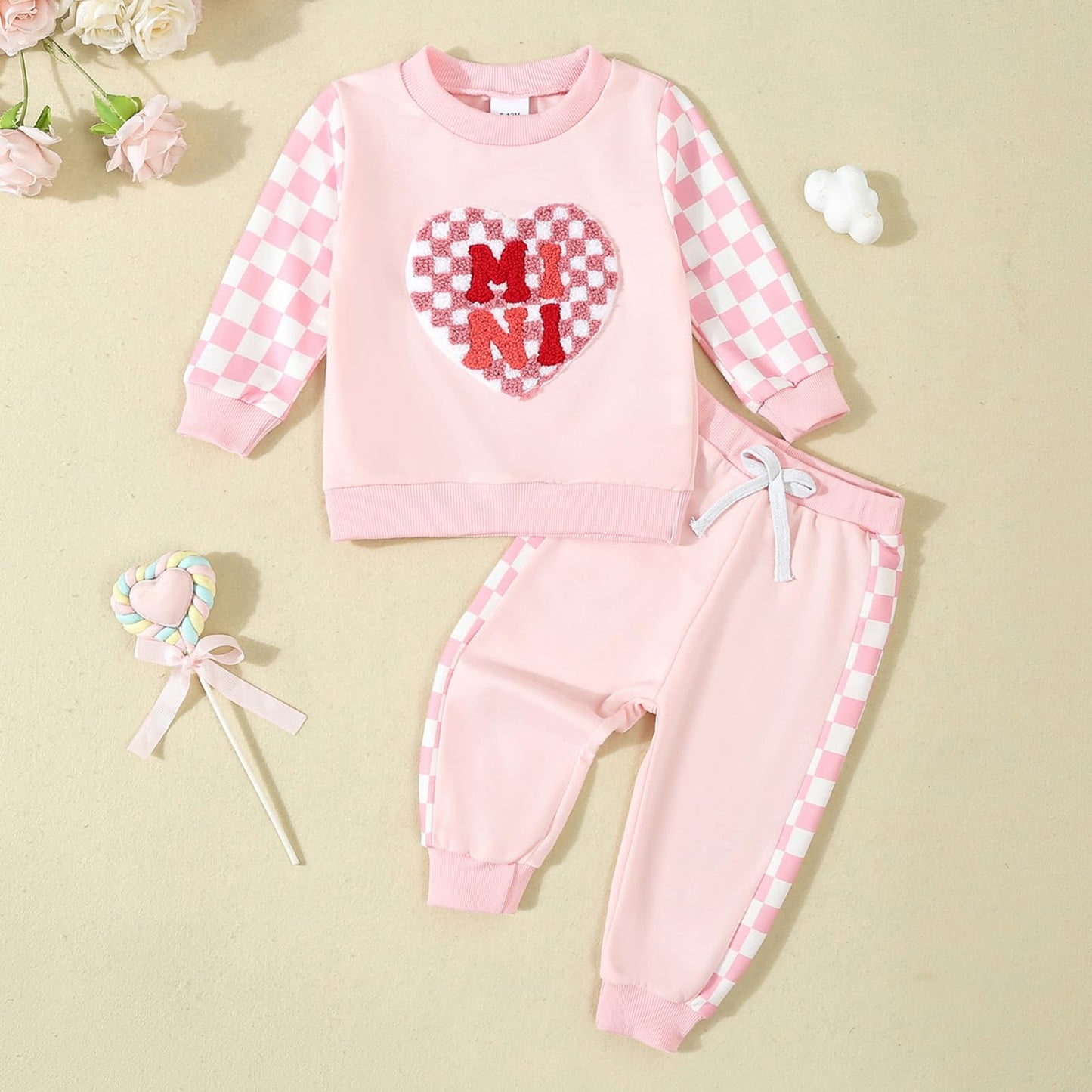 Beqeuewll Baby Girl Valentines Day Outfit Long Sleeve Heart Checkerboard Print Sweatshirt Plaid Pants 2Pcs Valentine Clothes (Mi